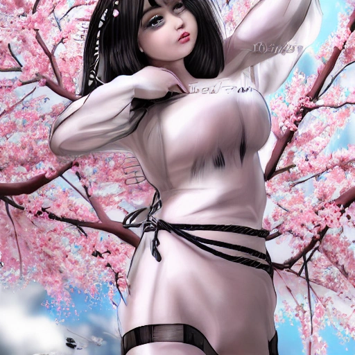 A woman in a dividend dress, a detailed drawing, sots art, 3dcg, cherry blossoms in the wind, realistic. Detail fur, futuristic white space bikini, wearing flight jacket, shibari, glitter, photo shoot, ultra hd, angelic, perfectionist, opaque, glowing,