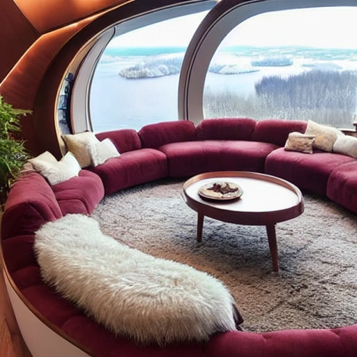 This cozy living room on a space ship features a large, oval-shaped window that offers a stunning view of the earth below. The furniture is warm and inviting, with a plush sofa and armchair upholstered in a rich, burgundy fabric. A wooden coffee table sits at the center of the room, and a few potted plants add a touch of greenery. A cozy fireplace, complete with a faux stone mantel and a flickering LED flame, adds a touch of warmth and comfort. A few framed photos of the earth and the stars hang on the walls, adding a personal touch