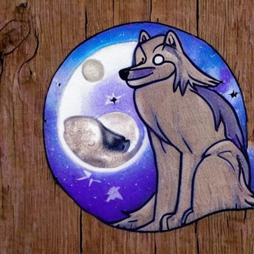 hiperrealistic wolf with an eye purple and another blue with the moon in the sky on a wood
