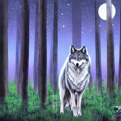 a hyperrealistic image of a forest at night with a wolf in the middle that has one black eye and one blue eye and in the background is the full moon
