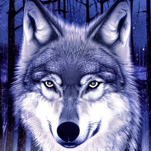 digital ilustration of  wolf on a forest in the night, a lot of details