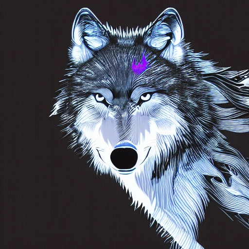 digital ilustration of  wolf on a forest in the night, a lot of details, the wolf may have an eye purple and the another blue