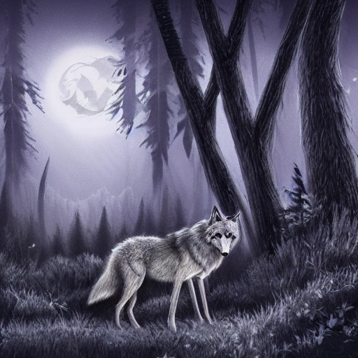 digital ilustration of  wolf on a forest in the night, a lot of details, 4k, hightest detail