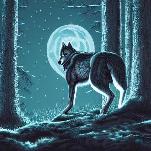 digital ilustration of  wolf on a forest in the night, a lot of details, 4k, highest quality