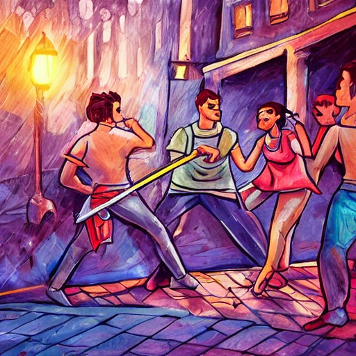 girl fighting with men with sword , extremely detailed background , vibrant background, Cartoon, Water Color