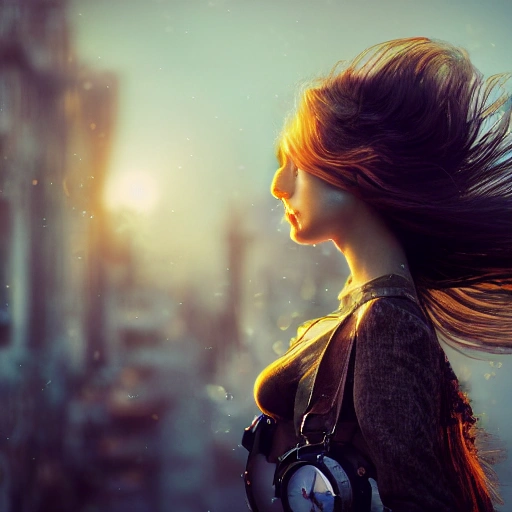 detailed, close up portrait of girl standing in a steampunk city with the wind blowing in her hair, cinematic warm color palette, spotlight, 3D