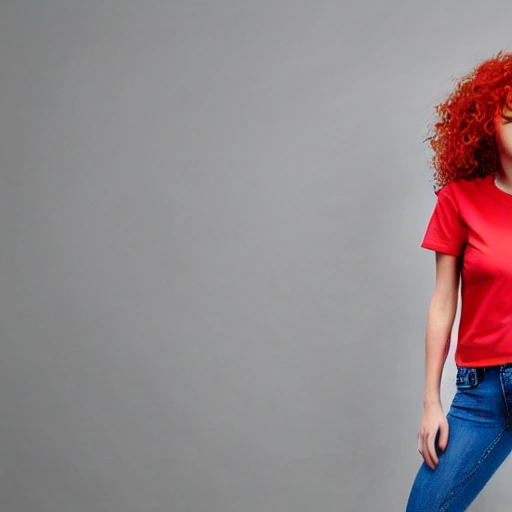  shot of a red-haired, curly-haired model in a white t-shirt and blue jeans
