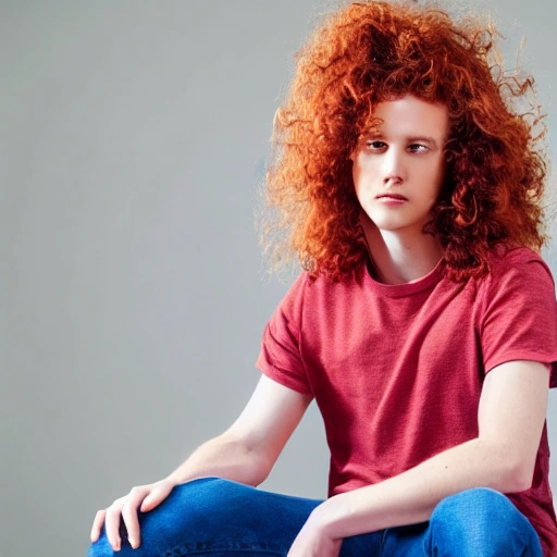 half-body shot of a red-haired, curly-haired model in a white t-shirt and blue jeans