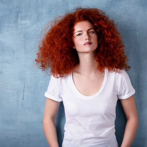 photography Full-body shot of a red-haired, wavy curly-haired model in a white t-shirt and blue jeans