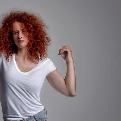 A realistic beautiful natural photography Full-body shot of a red-haired, wavy curly-haired model in a white t-shirt and blue jeans , 4k resolution, hyper detailed, on white background