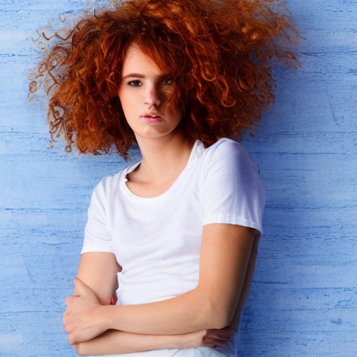 A realistic photography Full-body shot of a red-haired, wavy curly-haired model in a white t-shirt and blue jeans , 4k resolution, hyper detailed, on white background