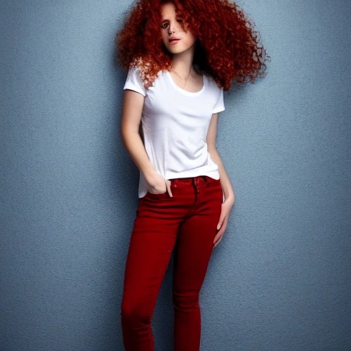 A realistic photography Full-body shot of a red-haired, wavy curly-haired model in a white t-shirt and blue jeans , 4k resolution, hyper detailed, on white background, isolate