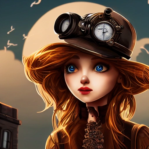 detailed, close up portrait of girl standing in a steampunk city with the wind blowing in her hair, cinematic warm color palette, spotlight, 3D, Cartoon