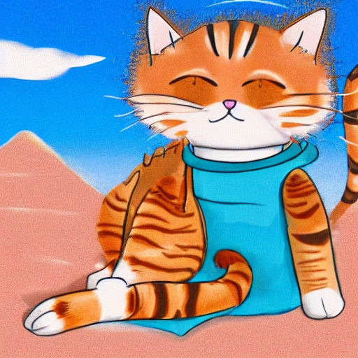 detailed, 4k, cartoon, small cat with three tails, sitting down at the desert with blue sky