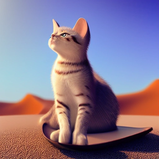 realistic, 4k, 3d, small cat with three tails, sitting down at the desert with blue sky