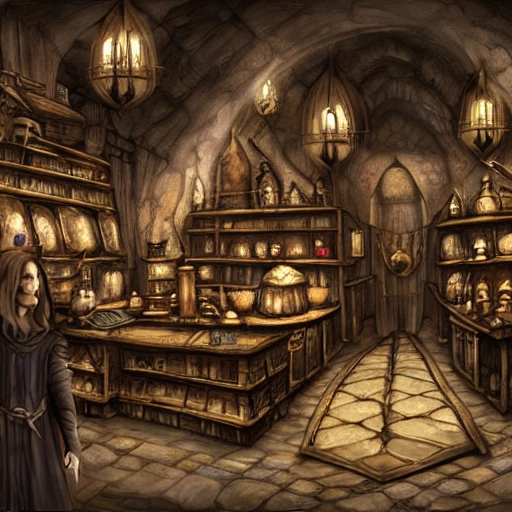 Digital illustration of the interior of an alchemist shop, masterpiece, Ultra Detailed, perspective, folklore, King Arthur, Lord of the Rings, Game of Thrones. fantasy concept art, indoor lighting, dim light, cinematic composition, rule of thirds, Dark Fantasy, DeviantArt, Epic Composition, Fantasy, Magic, Sense of Awe, 3D, fantasy art, epic fantasy card game art, full art illustration, trending on Artstation, by James Ryman