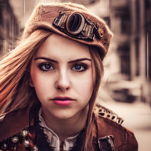 detailed, close up portrait of girl standing in a steampunk city with the wind blowing in her hair, cinematic warm color palette, spotlight, perfect symmetrical face