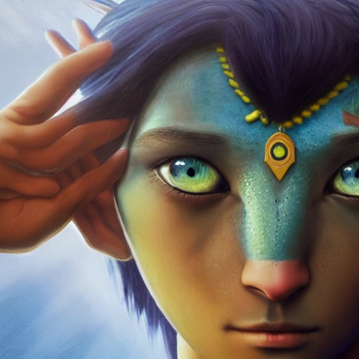 a blue - skinned young male navi from avatar with black hair and light green eyes, physically fit, nature, far, portrait, intricate, film still, movie still, oil on canvas, masterpiece, expert, insanely detailed, 8k resolution, retroanime style, cute big circular reflective eyes, cinematic smooth, intricate detail , soft smooth lighting, soft colors, painted Renaissance style, hyperrealistic macro photo by Wlop and Zdzislaw Beksinski, movie by James Cameron, 3D, \