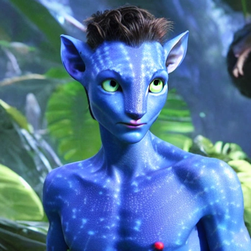 Tom holland as a blue - skinned young male navi from avatar movie by James Cameron, 3D, 