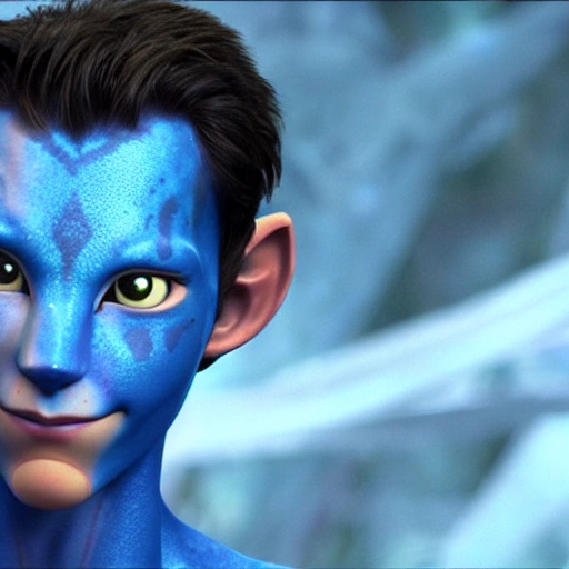 Tom holland as a blue - skinned young male navi from avatar movie by James Cameron, 3D, 