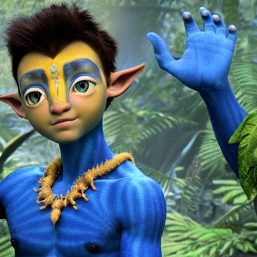 Charlie Gillipsie as a blue - skinned young male navi from avatar movie by James Cameron, 3D, 