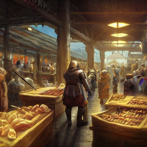 Digital illustration of an indoor fish market in an RPG, masterpiece, Ultra Detailed, perspective, folklore, King Arthur, Lord of the Rings, Game of Thrones. fantasy concept art, indoor lighting, dim light, cinematic composition, rule of thirds, Dark Fantasy, DeviantArt, Epic Composition, Fantasy, Magic, Sense of Awe, 3D, fantasy art, epic fantasy card game art, full art illustration, trending on Artstation, by Jean Baptiste Monge.