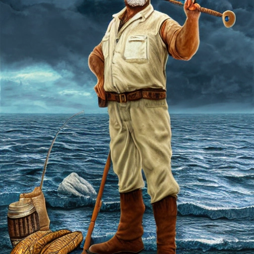 matte painting of a RPG fisherman who looks like Ernest Hemingway, masterpiece, Ultra Detailed, perspective, white background, full body, whole body, head to toe.