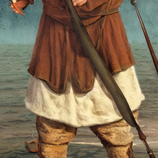 matte painting of a medieval fisherman who looks like Ernest Hemingway, masterpiece, Ultra Detailed, perspective, white background, full body, whole body, head to toe.