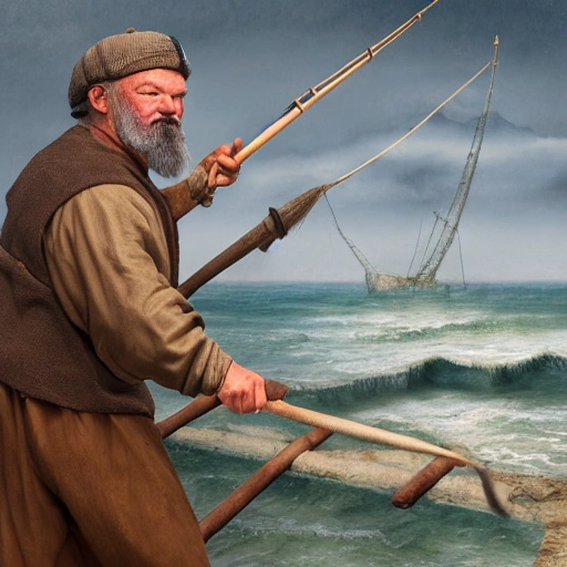 matte painting of a medieval fisherman who looks like Ernest Hemingway, masterpiece, Ultra Detailed, perspective, white background, full body, whole body, head to toe, grey hair, brown boots.