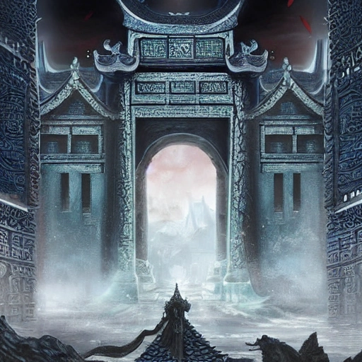 Digital illustration of a Chinese City Gate, masterpiece, Ultra Detailed, perspective, folklore, King Arthur, Lord of the Rings, Game of Thrones. fantasy concept art, cinematic lighting, cinematic composition, rule of thirds, Dark Fantasy, DeviantArt, Epic Composition, Fantasy, Magic, Sense of Awe, 3D, fantasy art, epic fantasy card game art, full art illustration, trending on Artstation, by Jason Engle.