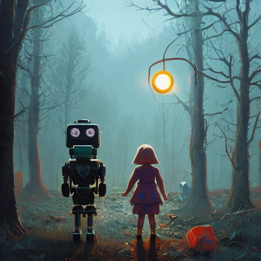 Award-winning 4K digital painting, in the style of Simon Stalenhag. Ultra detailed and intricate depiction of a robot and a girl wandering through a post-apocalyptic world, with beautiful lighting and a cinematic composition make this piece a true masterpiece, trending on artstation