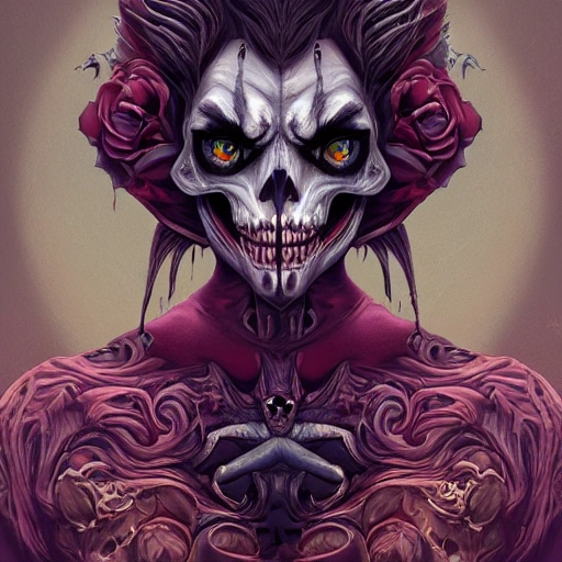 skull joker demon concept art portrait by Casey Weldon, Olga Kvasha, Miho Hirano, hyperdetailed intricately detailed gothic art trending on Artstation triadic colors Unreal Engine 5 detailed matte painting, deep color, fantastical, intricate detail, splash screen, complementary colors, fantasy concept art, 8k resolution, gothic deviantart masterpiece