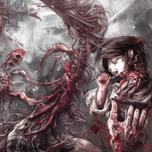 Award-winning, 4K digital painting in the style of Yoshitaka Amano. Detailed and intricate depiction of a zombie apocalypse, masterfully capturing the chaos and drama of the scene.