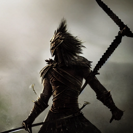 A warrior like in dark soul 3 with two beautiful looking swords, intricate looking Armor , 8k resolution, beautiful lighting composition, Dark world Setup, sharp focus, 8k resolution wallpaper, smooth, denoise