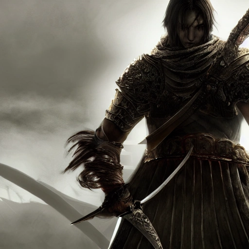 A warrior like in dark soul 3 with two beautiful looking swords, intricate looking Armor , 8k resolution, beautiful lighting composition, Medival world Setup, sharp focus, 8k resolution wallpaper, smooth, denoise