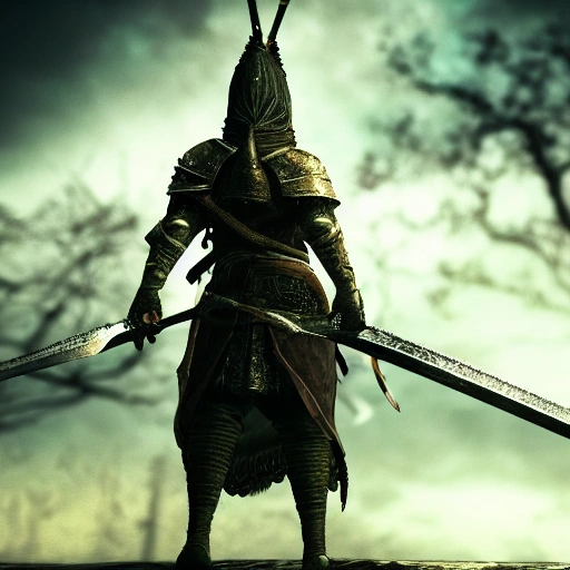 A warrior like in dark soul 3 with two beautiful looking swords, intricate looking Armor , 8k resolution, beautiful lighting composition, Future world Setup, sharp focus, 8k resolution wallpaper, smooth, denoise