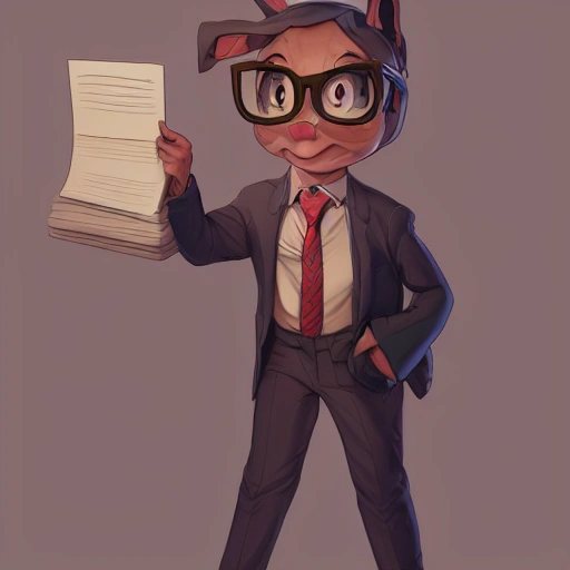 humanized clever rabbit lawyer with papers, Cartoonish cute, pine trees, 8k, concept art, hyperrealistic, Detailed, HD, Dramatic Lighting by Brom, trending on Artstation