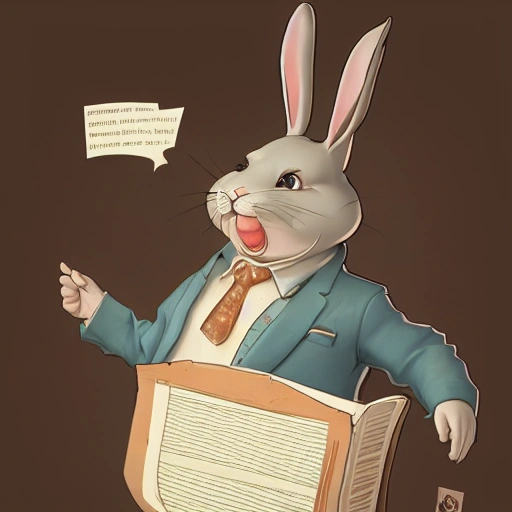 humanized clever fat rabbit lawyer with papers, Cartoonish cute, pine trees, 8k, concept art, hyperrealistic, Detailed, HD, Dramatic Lighting by Brom, trending on Artstation