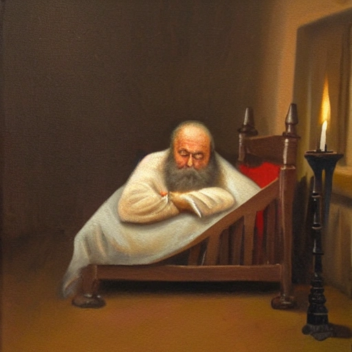 A lonely hermit sleeping in his comfy bed with dim lit light from a single wax candle, oil painting