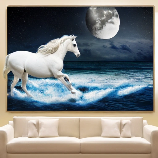 sea 
 running white horse  night moon
, 3D