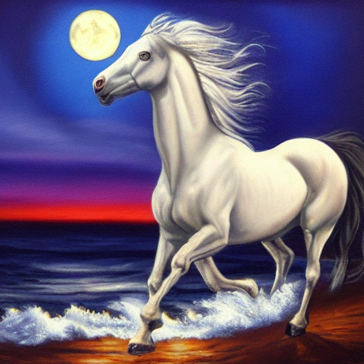 sea 
 running white horse  night moon
, Oil Painting