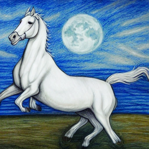 white horse running in the middle of the sea at night in the moonlight, , Cartoon, Pencil Sketch, Oil Painting