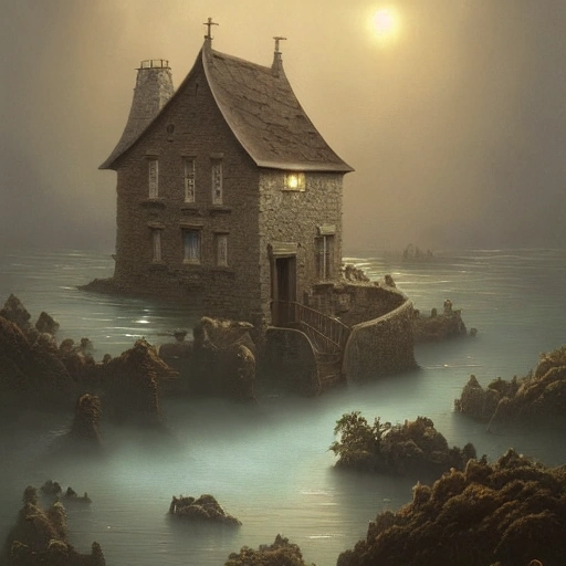 submerged underwater!!!! on the ocean floor, a typical european house with a slate roof, school of fishes, scenic view, matte painting by christophe vacher and hubert robert, trending on artstation , 