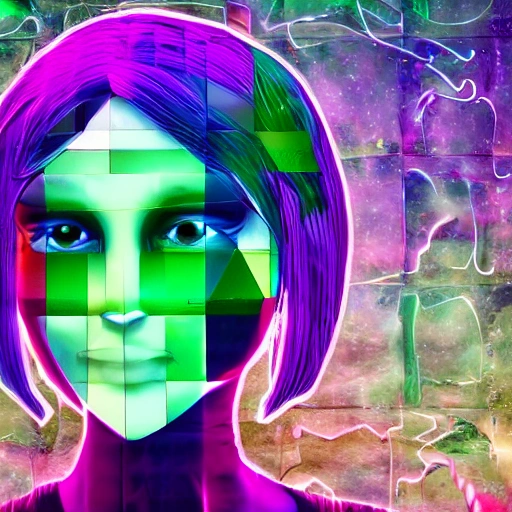 A beautiful girl with a transparent head. colors mainly green in the matrix and bones dancing, placing different item every few seconds, what if your bones are made of gems, next smiling and laughing building blocks


