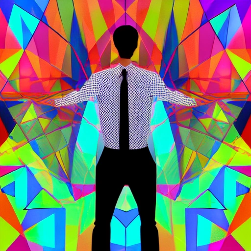 Portreit of a handsome confident man, rimlight, flying ufos in the background, geometric pattern on the clothes, colorful background

