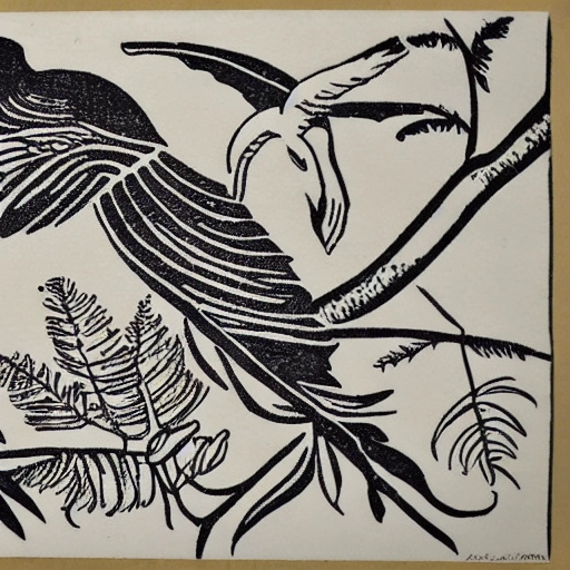 une linogravure ultra détaillée d'un oiseau du paradis un arrière plan de forêt tropicale