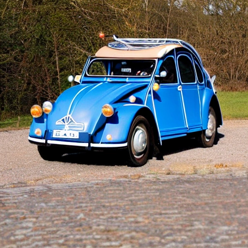 Portrait of a steampunk blue like sky, 2cv citroën made out of spare parts