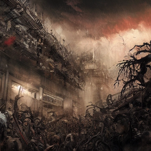 Award-winning, 4K digital painting in the style of Yoshitaka Amano. Detailed and intricate depiction of a zombie apocalypse, masterfully capturing the chaos and drama of the scene. Beautiful lighting and cinematic composition make this piece a true masterpiece, trending on artstation