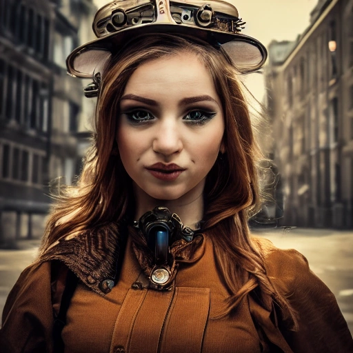 detailed, close up portrait of girl standing in a steampunk city with the wind blowing in her hair, cinematic warm color palette, spotlight, perfect symmetrical face