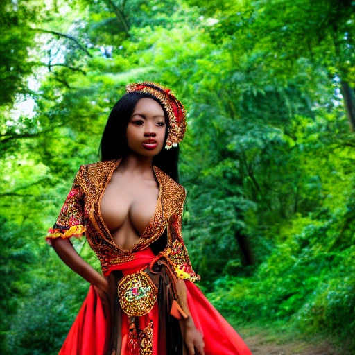 beautiful stunning young woman, hands behind back, perfect face, gorgeous, flowing ornate oriental african dress, mixed race, asian african latina, full body, goddess, sensual pose, legs, detailed face, focus on eyes, perfect figure, 8k, hdr, forest